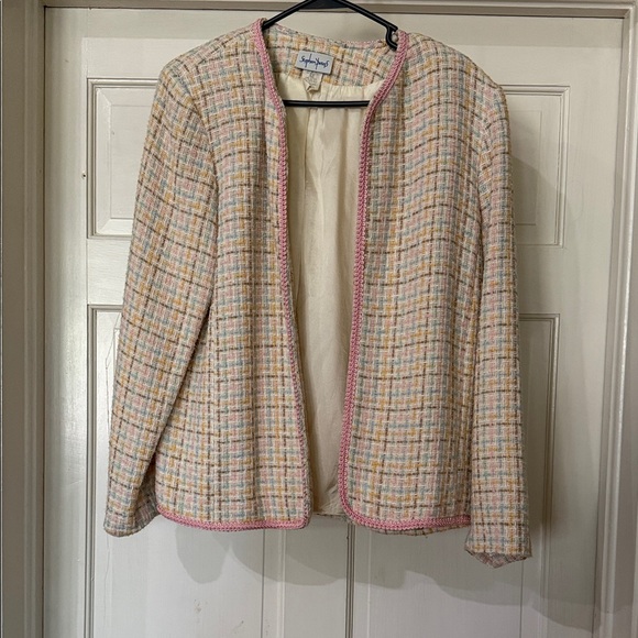 Stephen Peters Jackets & Blazers - Soft Surroundings Pastel Tweed Open-Front Blazer with Pink Trim